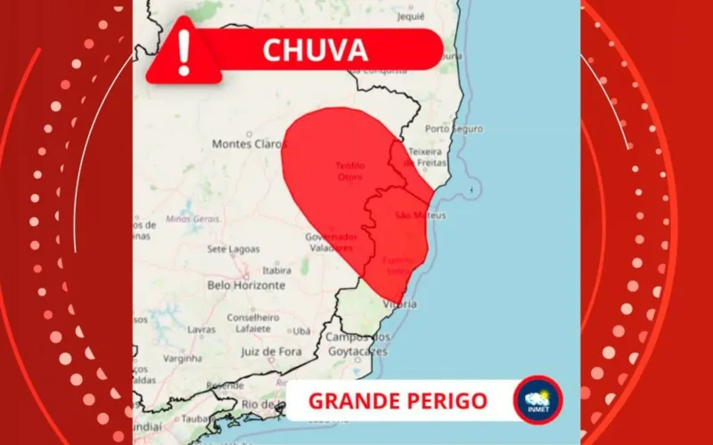 Inmet emite alerta vermelho de ‘grande perigo’ para cidades do Vale do Jequitinhonha, Mucuri e Rio Doce