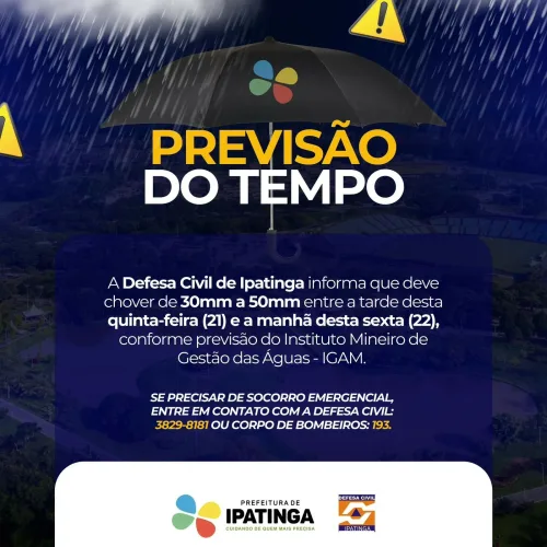 Defesa Civil alerta para volume alto de chuva em Ipatinga