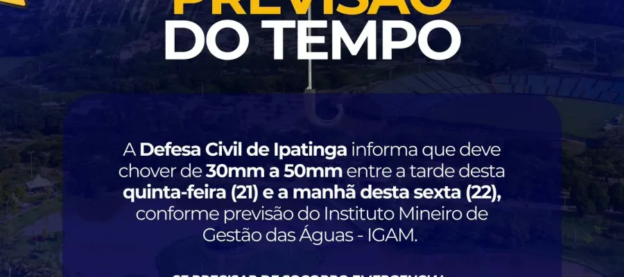 Defesa Civil alerta para volume alto de chuva em Ipatinga