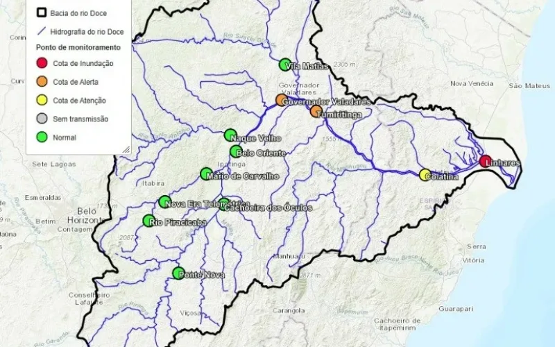 Nível do Rio Doce abaixa e sai da cota de inundação em Governador Valadares